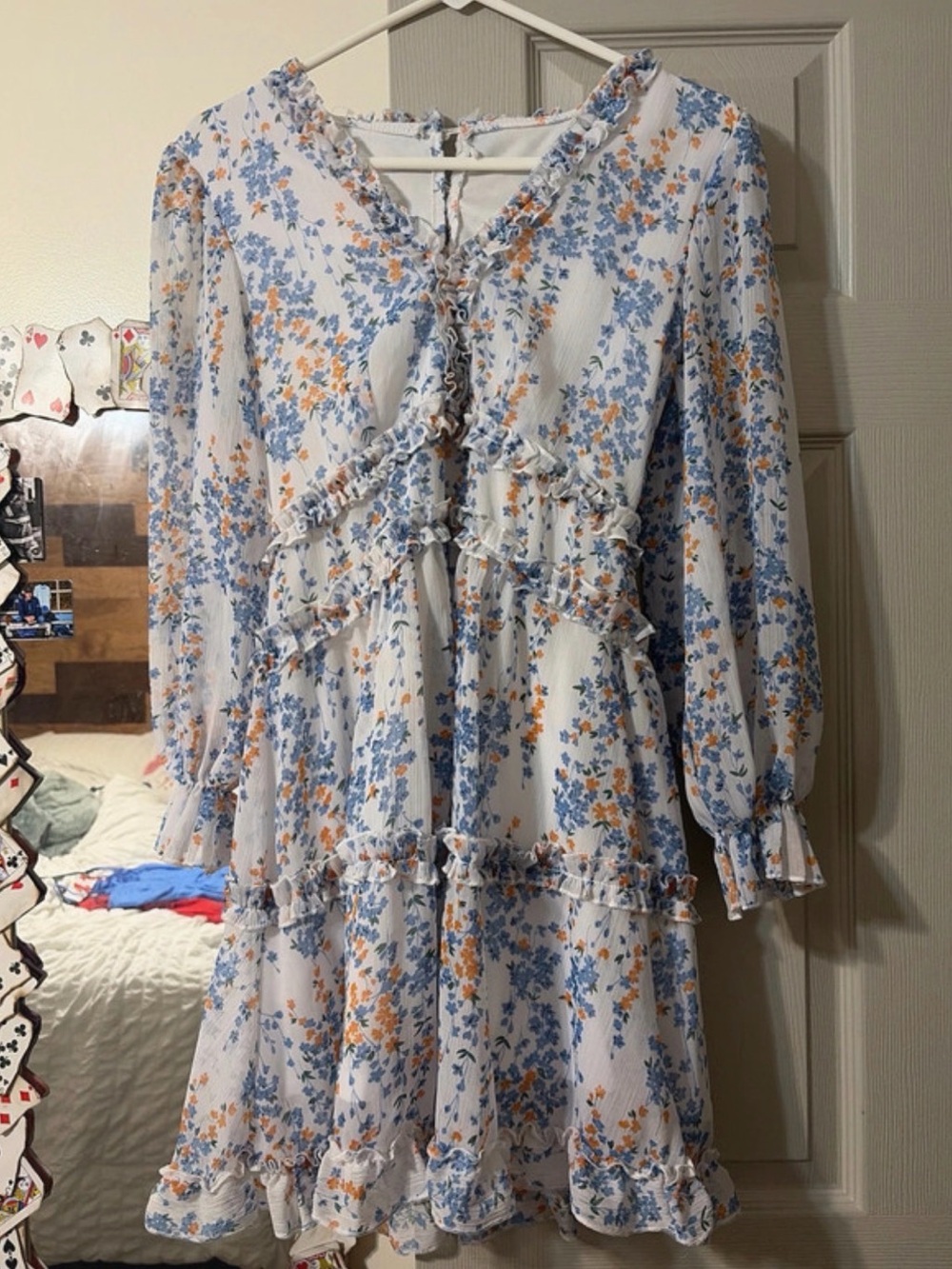 Floral Ruffle Tiered Mini Dress - Blue & Orange